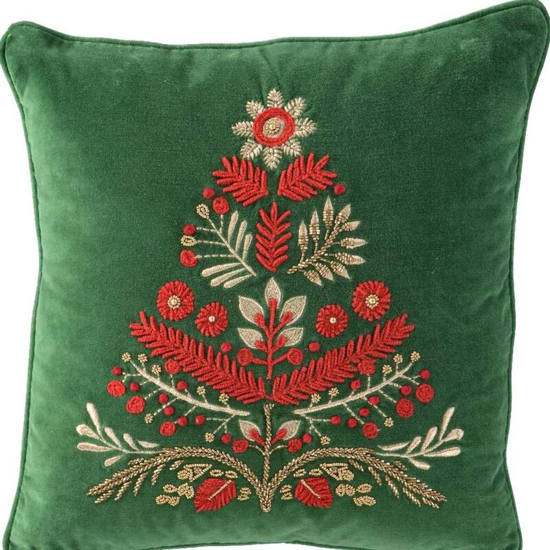 18" Green And Red Floral Velvet Cotton Christmas Tree Throw Pillow