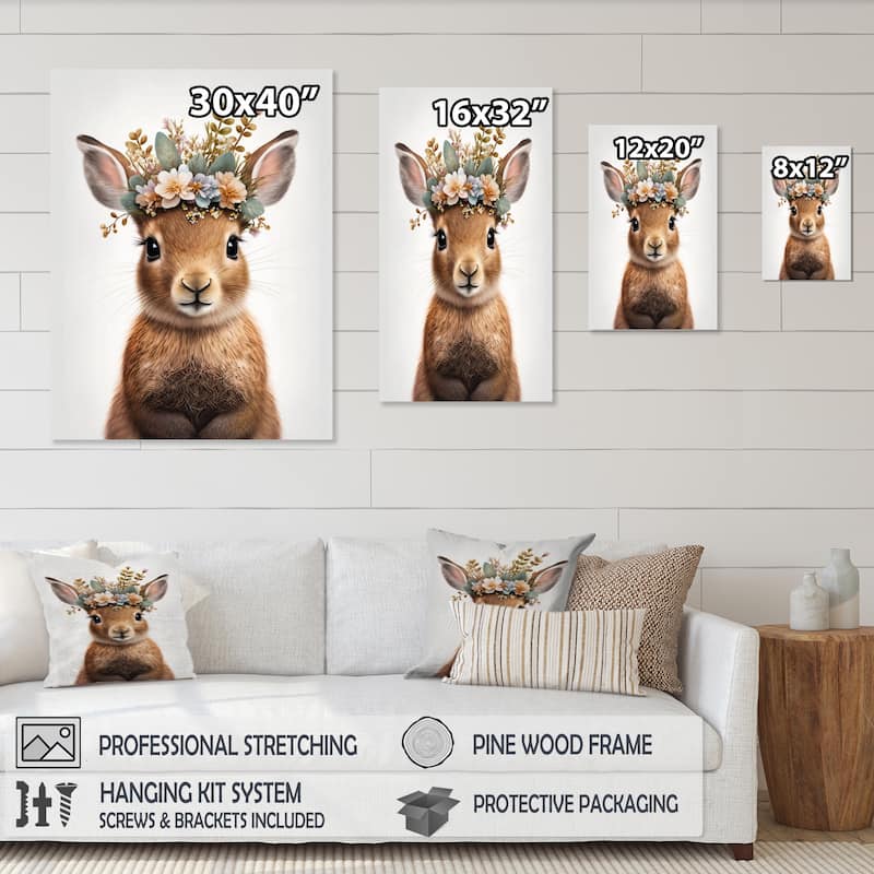 Designart 'Cute Baby Rabbit With Floral Crown I' Animals Canvas Wall Art