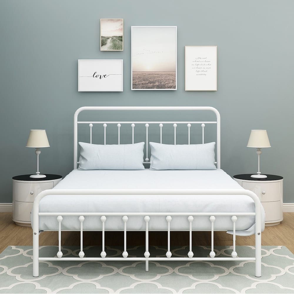 Victorian Style Metal Platform Bed Frame with Iron-Art Headboard Footboard, Under Bed Storage, No Box Spring Needed, Noise Free