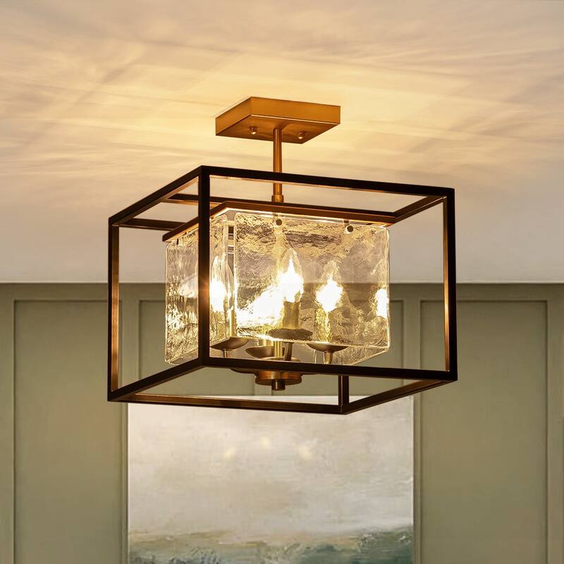 4-Light Modern Ice Glass Black and Brass Tiered Semi-flush Mount - 14.0in