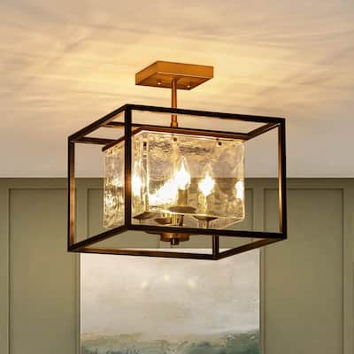 4-Light Modern Ice Glass Black and Brass Tiered Semi-flush Mount - 14.0in