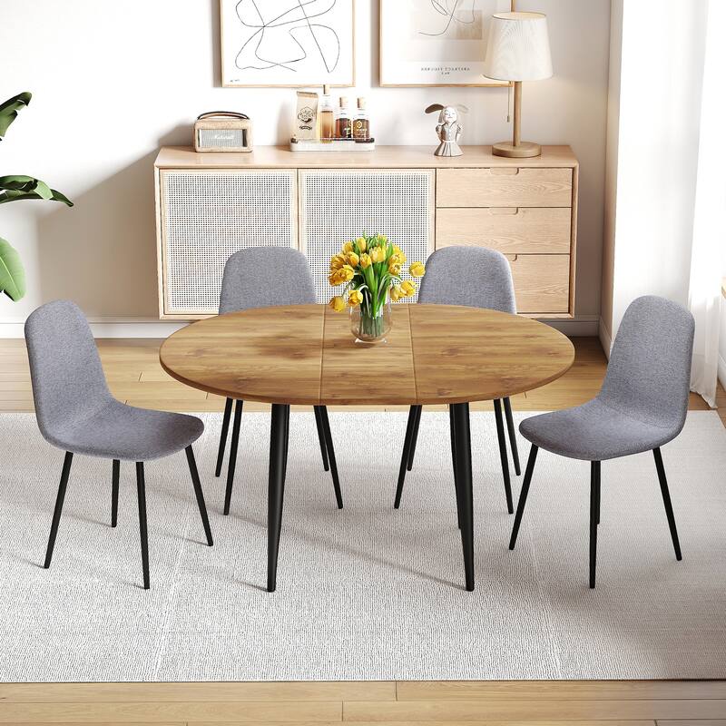 Wood Kitchen Table Set with 4 Chairs, 5-Piece Round Dining Set with Extendable Dining Table for Dining Room