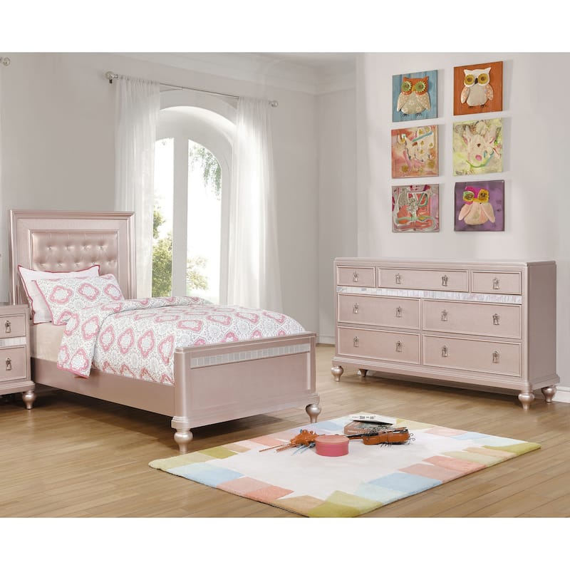Furniture of America Dzhebel Modern 2-Piece Rose Gold Faux Leather Tufted Headboard Kids Panel Bed and Dresser Set - Twin
