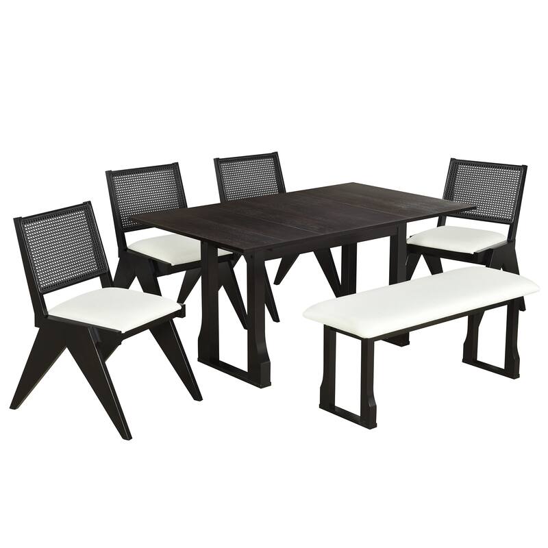 6 Piece Extendable Dining Table Set w/ 4 Upholstered Dining Chairs and Bench