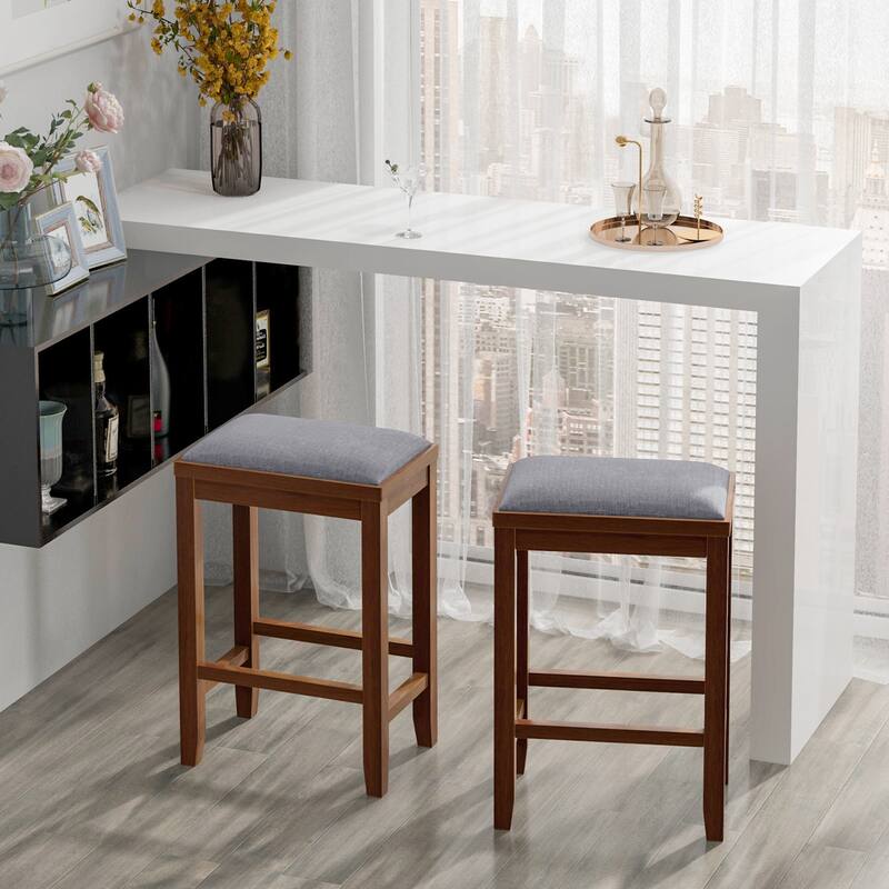 Costway Set of 2 Upholstered Bar Stools Wooden Counter Height Dining