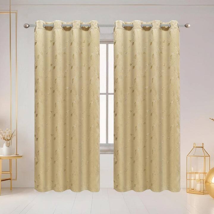 Elvira Embroidered Leaf Room Darkening Grommet Window Curtain Panel, 54x84 Inches - 54 x 84 Inches - Beige