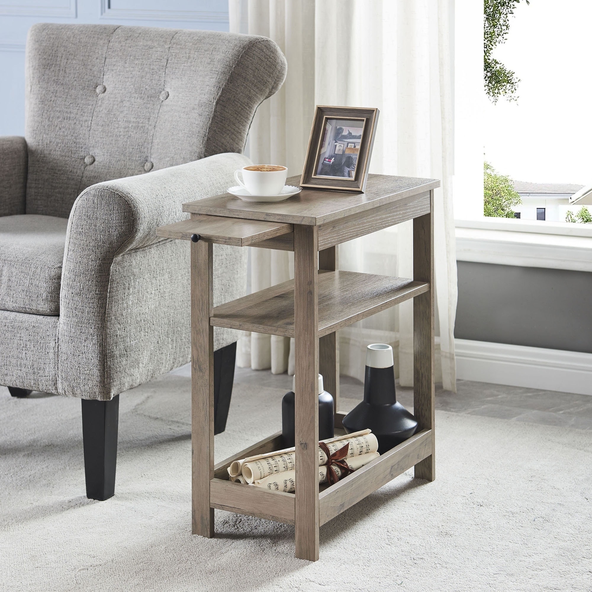 InRoom Designs Slim Wood Side End Table with Storage Shelves & Pull-Out Tray, Nightstand for Bedroom, Living Room