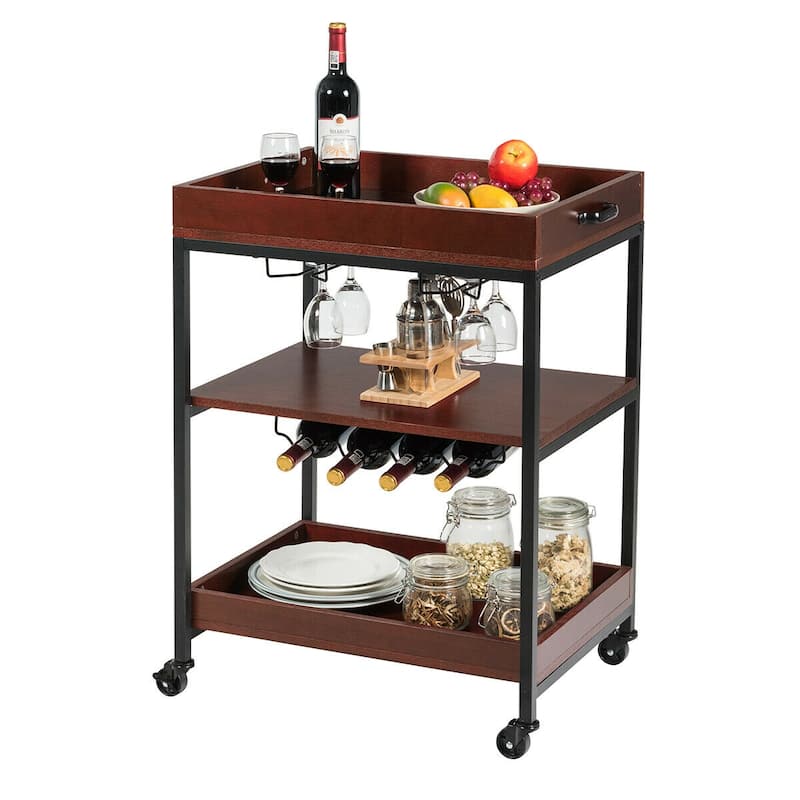 Gymax 3 Tier Trolley Cart Kitchen Island Serving Bar Cart w/ Glass - Brown