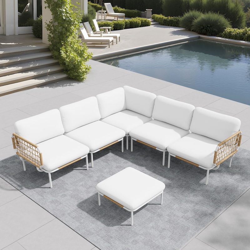 Outdoor Patio Aluminum PE Rattan Sectional Sofa Conversation Seating Set Free Combination with Cushions - Beige - Set of 6