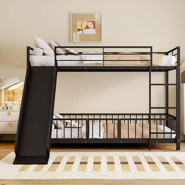 slide 2 of 80, Versatile Metal Bunk Bed with Slide and Safety Guardrails Black - Twin
