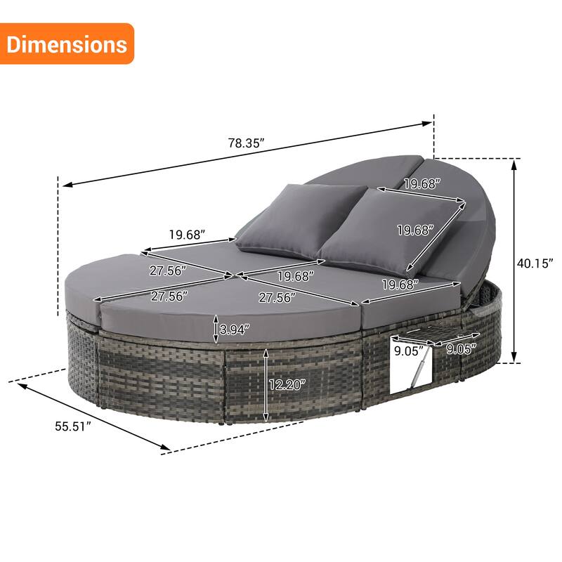 Outdoor Patio Rattan Round Daybed Sunbed with Adjustable Backrests and Foldable Cup Trays