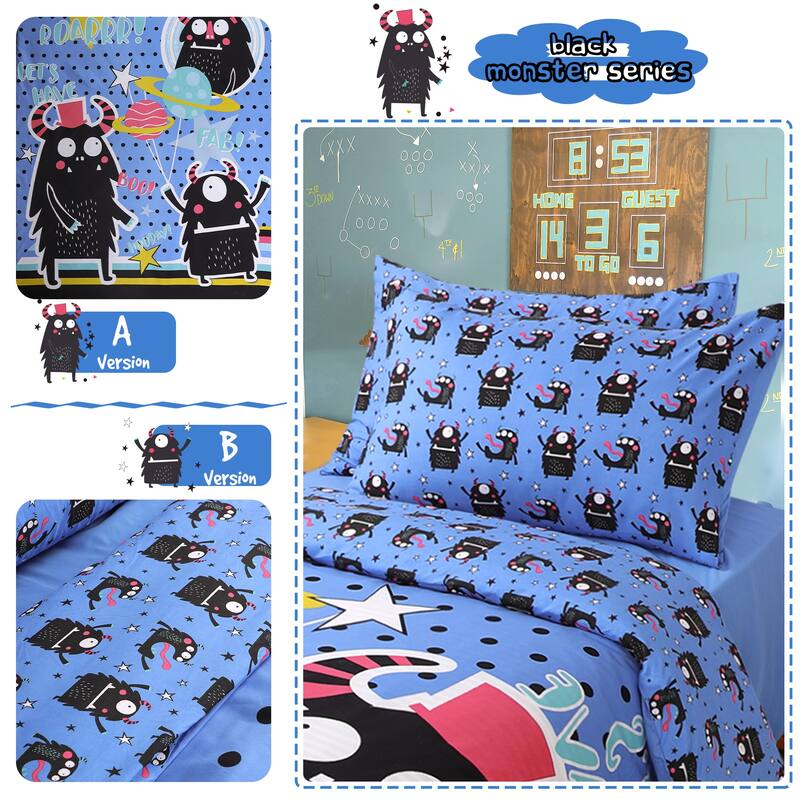 Cutey Duvet Cover Set 5 Piece Soft Fade Wrink Black Cartoon Print