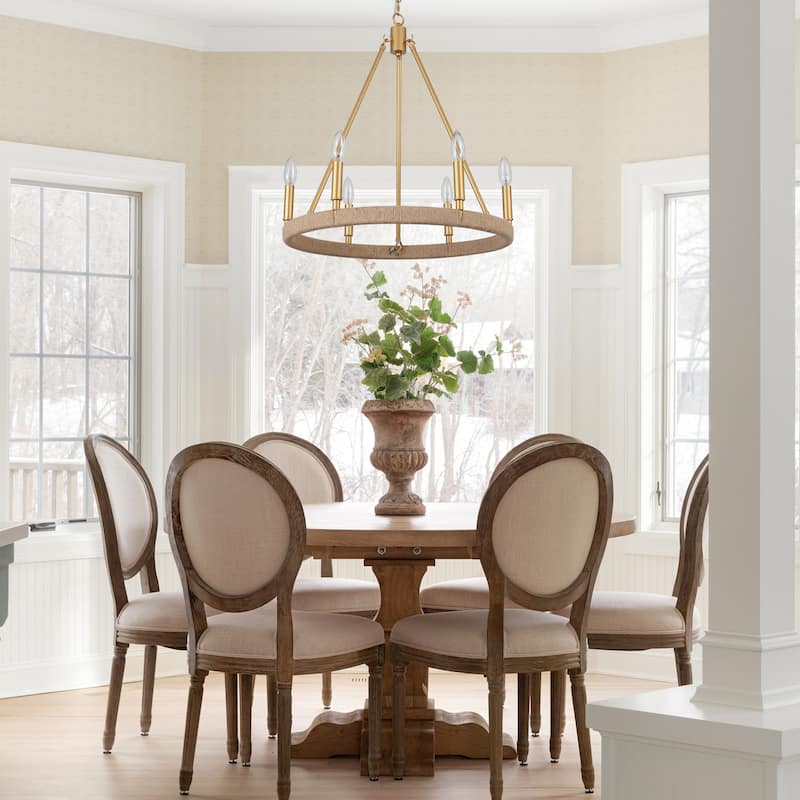 6-Light Rustic Hemp Rope Wagon Wheel Chandelier for Bedroom Foyer Entryway