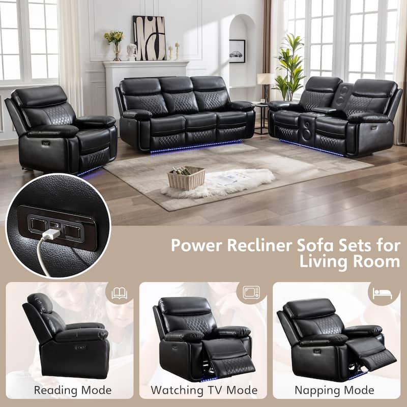 Power Reclining Sofa with Wireless Charger,Reading Light,LED Light for Living Room,Faux Leather,AC/USB Port,Cup Holder,Black