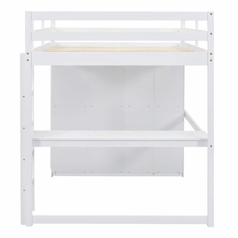 Full Size Loft Bed with Wardrobe, Desk, Storage Shelves, and Drawers