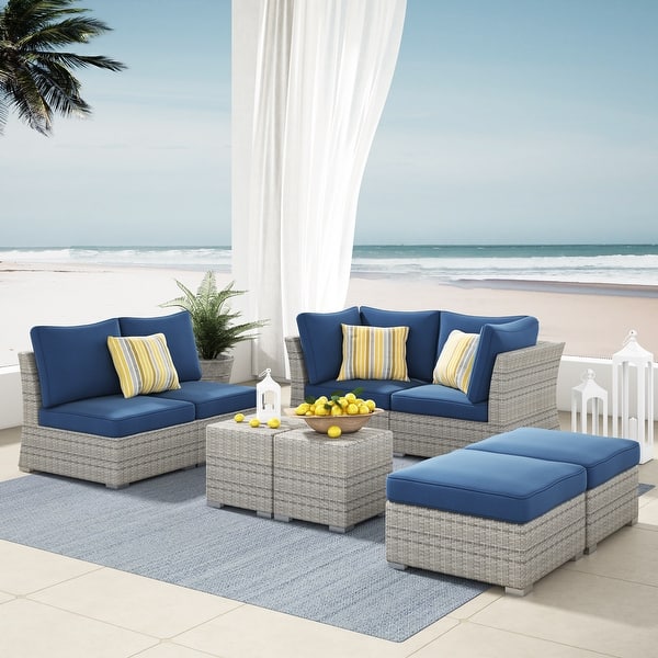Corvus 8 Piece Grey Wicker Patio Conversation Set With Blue Cushions Overstock 12653586 Blue