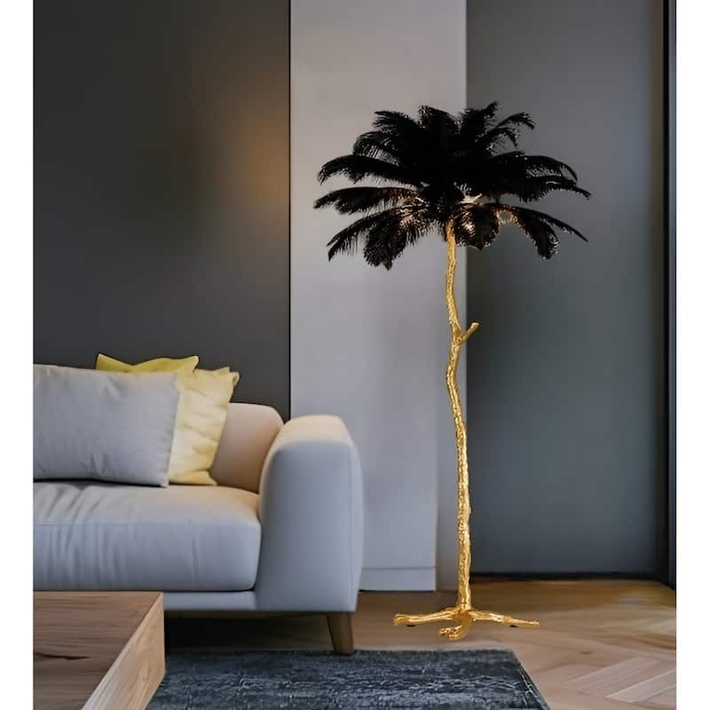 5-Light 35" Wide Novelty Golden Tree Branch LED Floor Lamp with White Ostrich Feather Shades