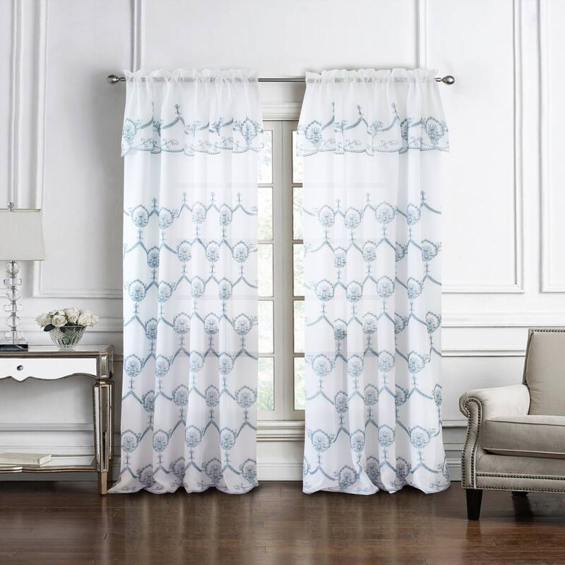Embroidered Window Curtain Panel with Attached Valance 90" - Rochelle - Teal