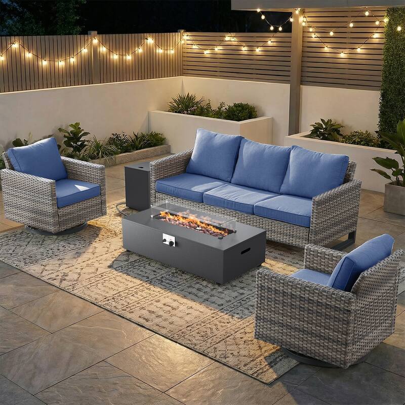 Pocassy 5 Piece Ptio Sofa Swivel Chair with Fire Pit Table - Gray Wicker Blue Cushion - 5-Piece Sofa Swivel Chair with Fire Pit Table