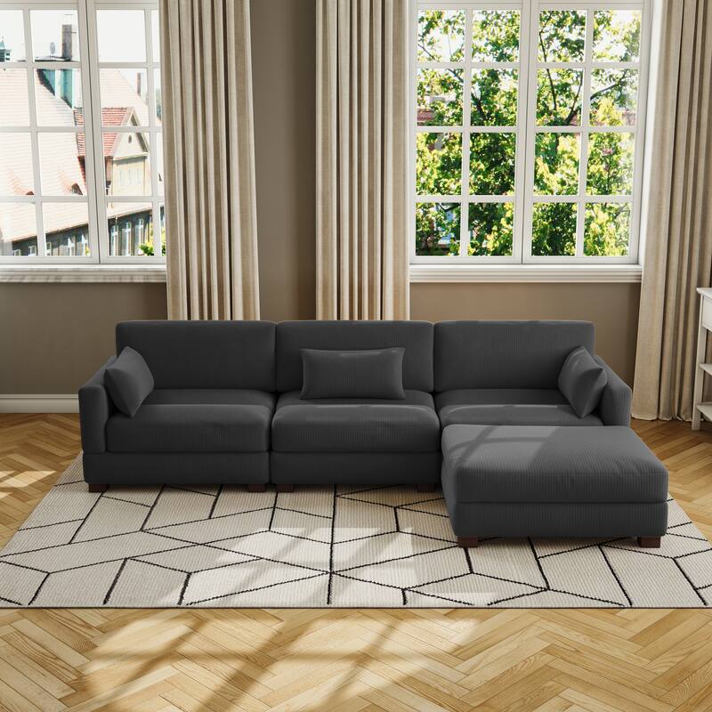 Corduroy Modular Sectional Sofa with Ottoman and Pillows