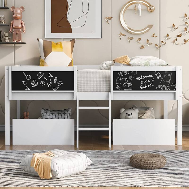 Twin Size Wood Loft Bed with 2 Storage Drawers & Chalkboard