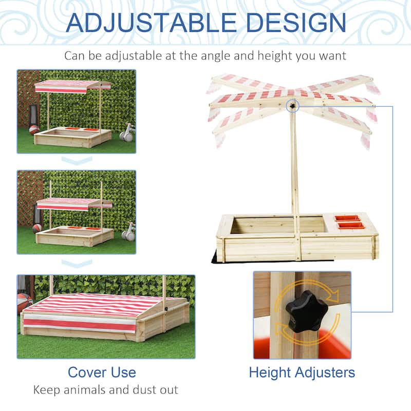 Kids Wooden Sandbox,Covered Children Sand Playset ,w/ Adjustable Canopy Shade,Bottom Liner,Seat,Plastic Basin,Aged 3-8 Years Old