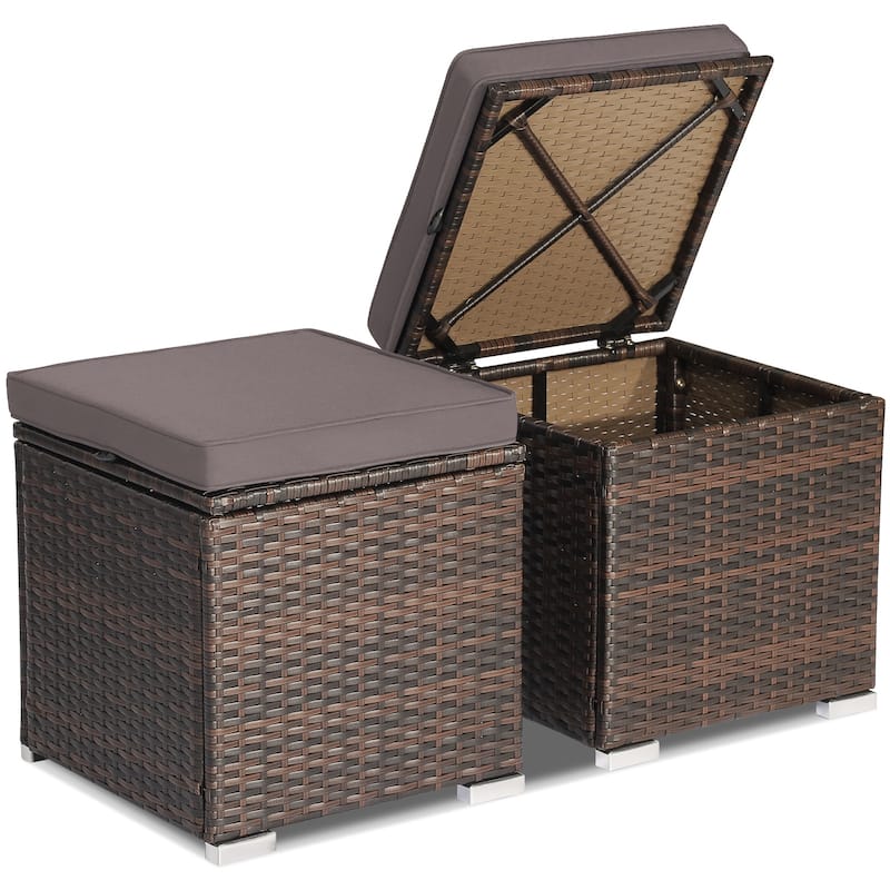 Costway 2PCS Patio Rattan Ottomans Seat Side Table Storage Box - See Details - Grey