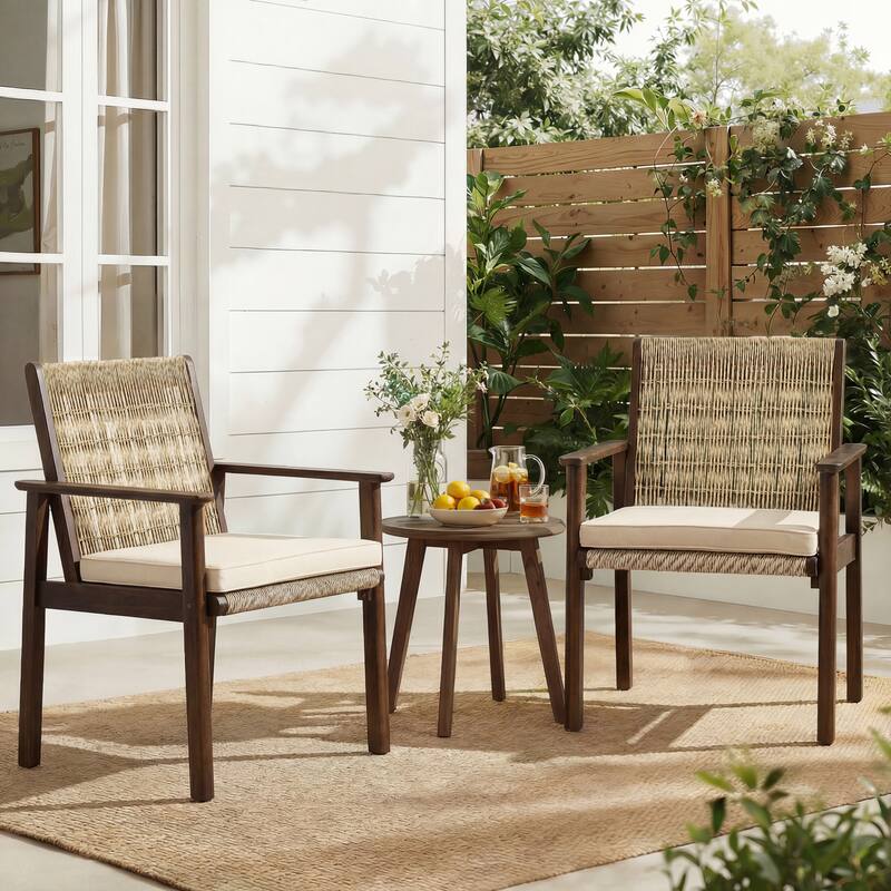 Christopher Knight Home - Outdoor Acacia Wood Dining Arm Chair with Wicker Back and Waterproof Cushions - Beige,Dark Brown