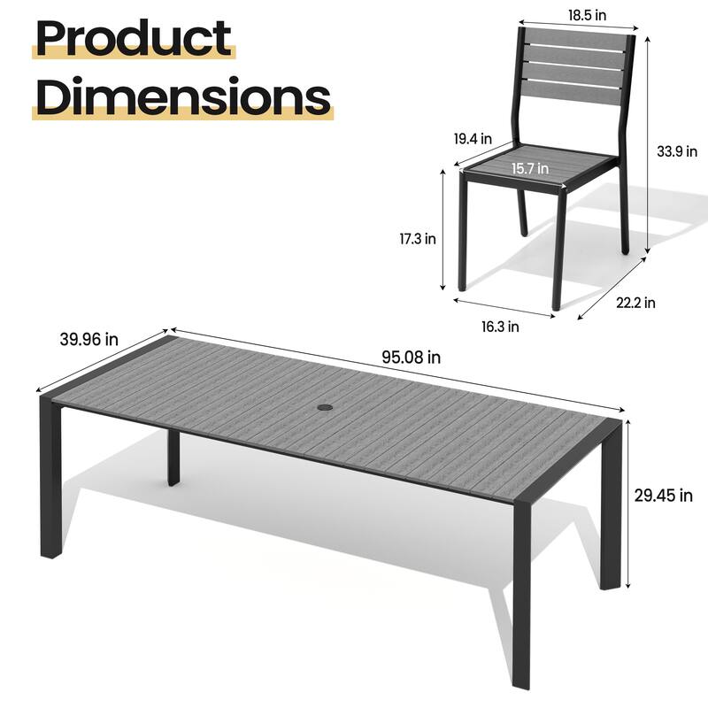 Set of 9 Outdoor Patio Dining Set WoodLike Table Top Aluminum Rectangular Umbrella Hole Table with Stackable Dining Chairs