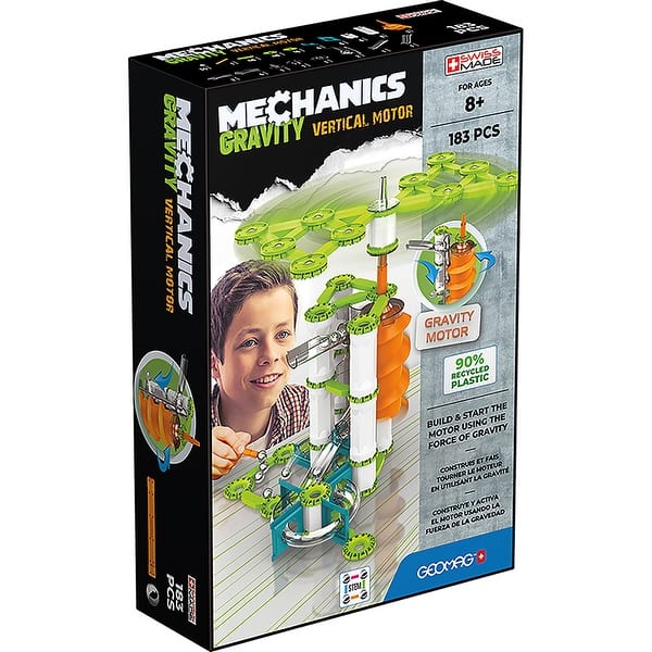 slide 2 of 4, Geomag Mechanics Gravity Construction Set, Vertical Motor Recycled, 183 Pieces Green, White, Orange - Kids