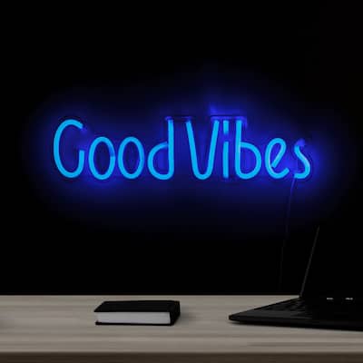 19" bright blue neon style good vibes led lighted wall sign
