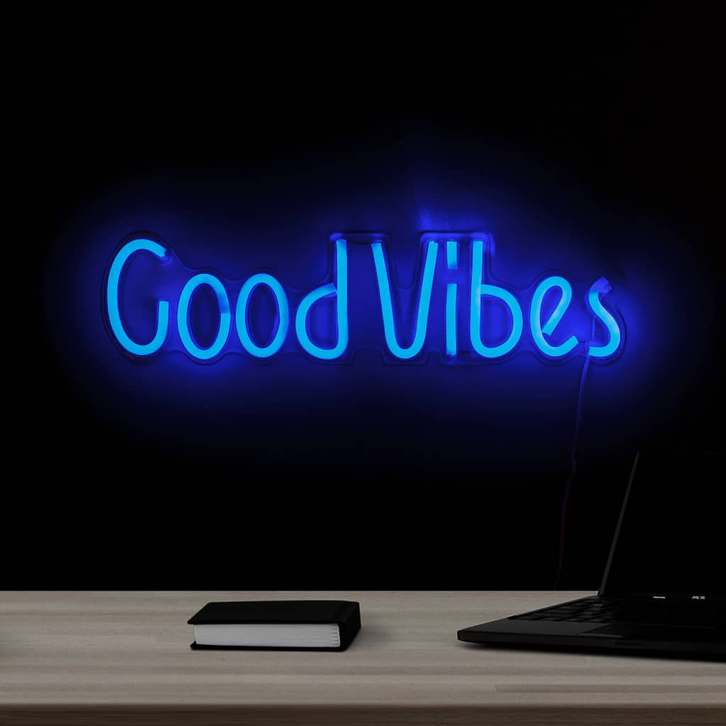 19" bright blue neon style good vibes led lighted wall sign
