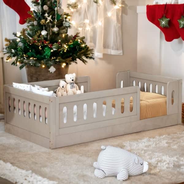 slide 2 of 13, Natural Wood Twin Size Platform Bed with Guardrail and Semi-enclosed Fence For Toddler