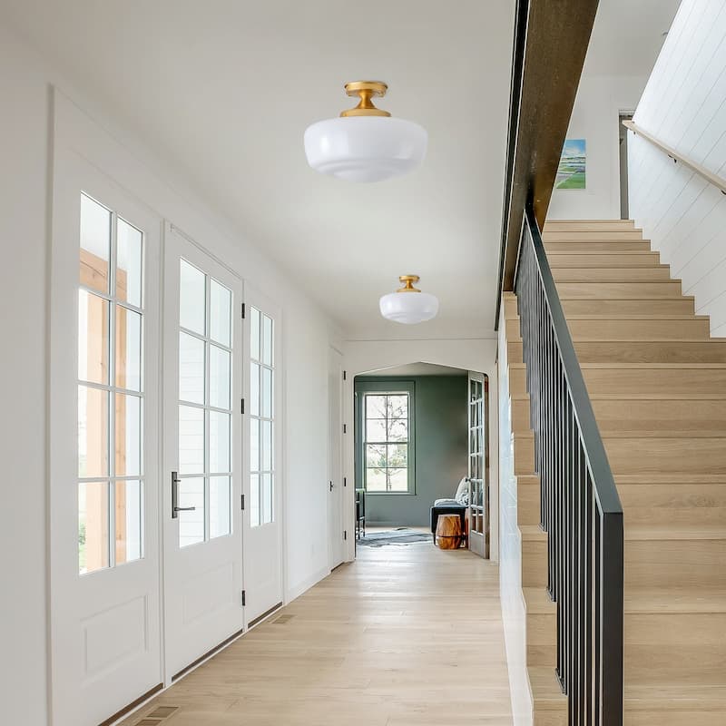 Modern Gold 1-Light Semi Flush Mount Ceiling Light with Milk White Glass Shade