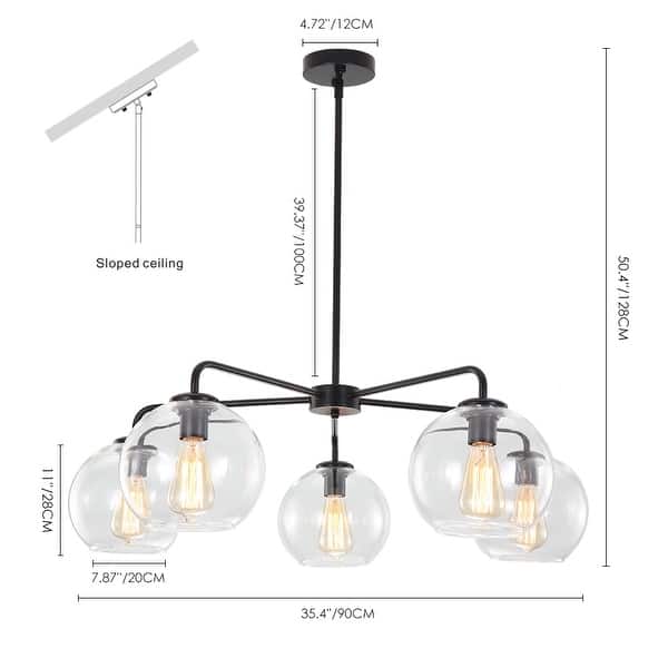 dimension image slide 2 of 4, 5-Light Modern Linear Sputnik Branch Kitchen Island Light Clear Glass Globe Bubble Chandelier for Dining Room