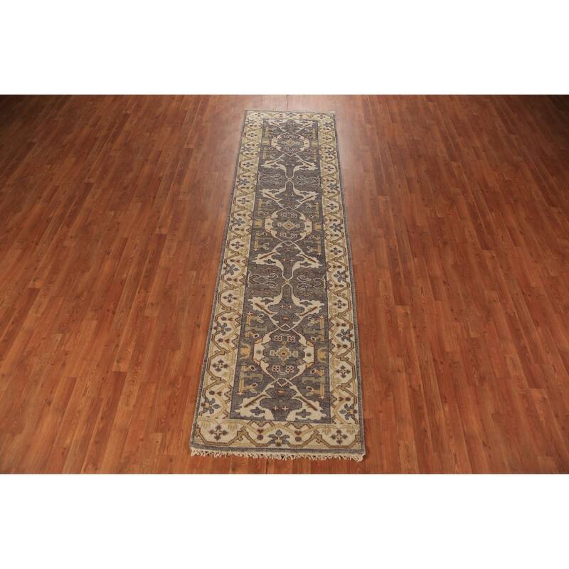 Gray & Ivory Oushak Indian Runner Rug Hand-Knotted Wool Carpet - 2'9"x 9'11"