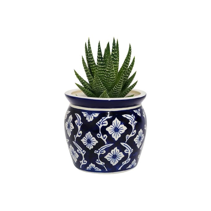 Home&Manor Ceramic Medium Planter Blue/White
