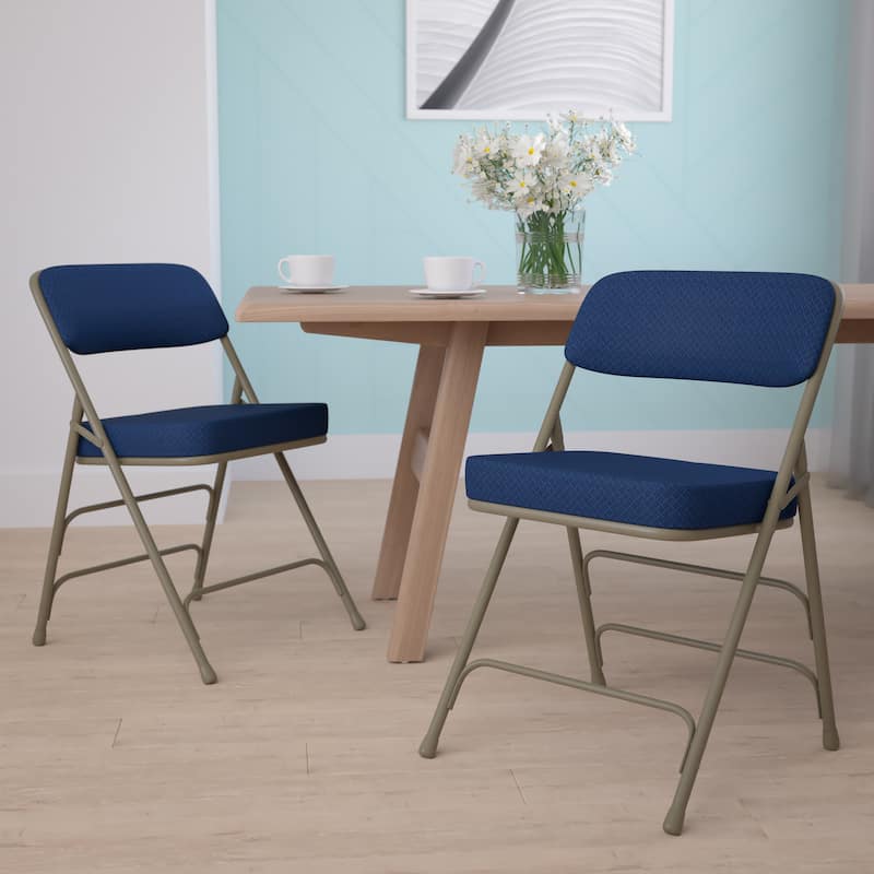 2 Pack Curved Triple Braced & Double Hinged Upholstered Metal Folding Chair - Navy Fabric/ Grey Frame