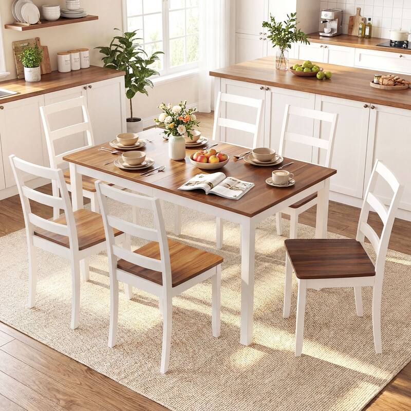 Gymax 7-Piece Dining Set Solid Wood Kitchen Furniture w/ Rectangular