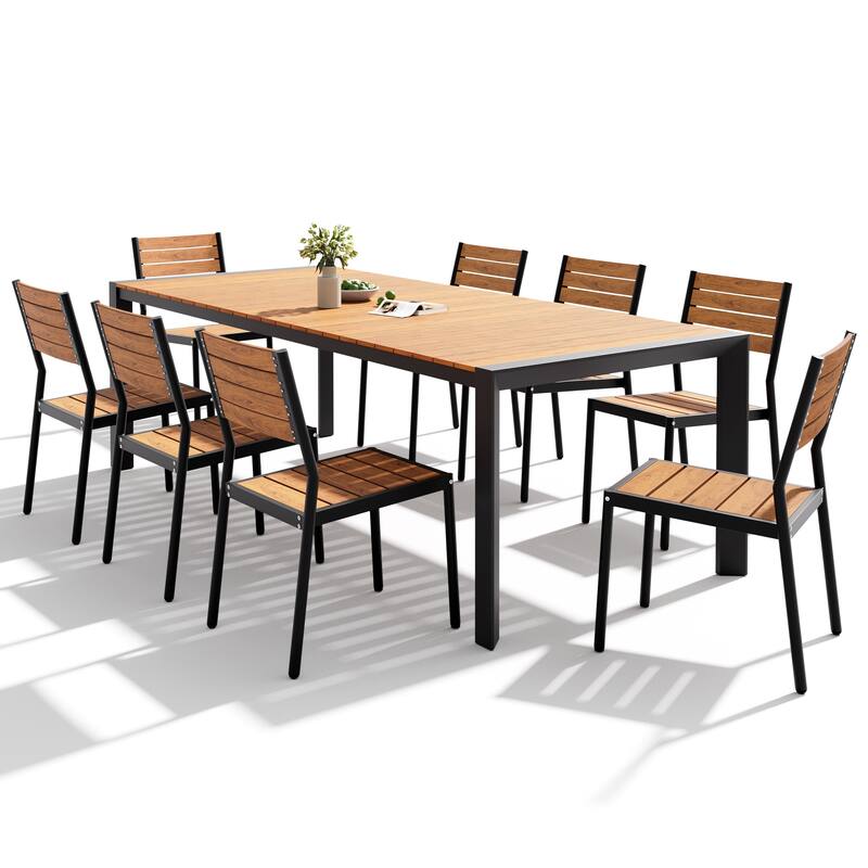 Set of 9 Outdoor Patio Dining Set WoodLike Table Top Aluminum Rectangular Umbrella Hole Table with Stackable Dining Chairs