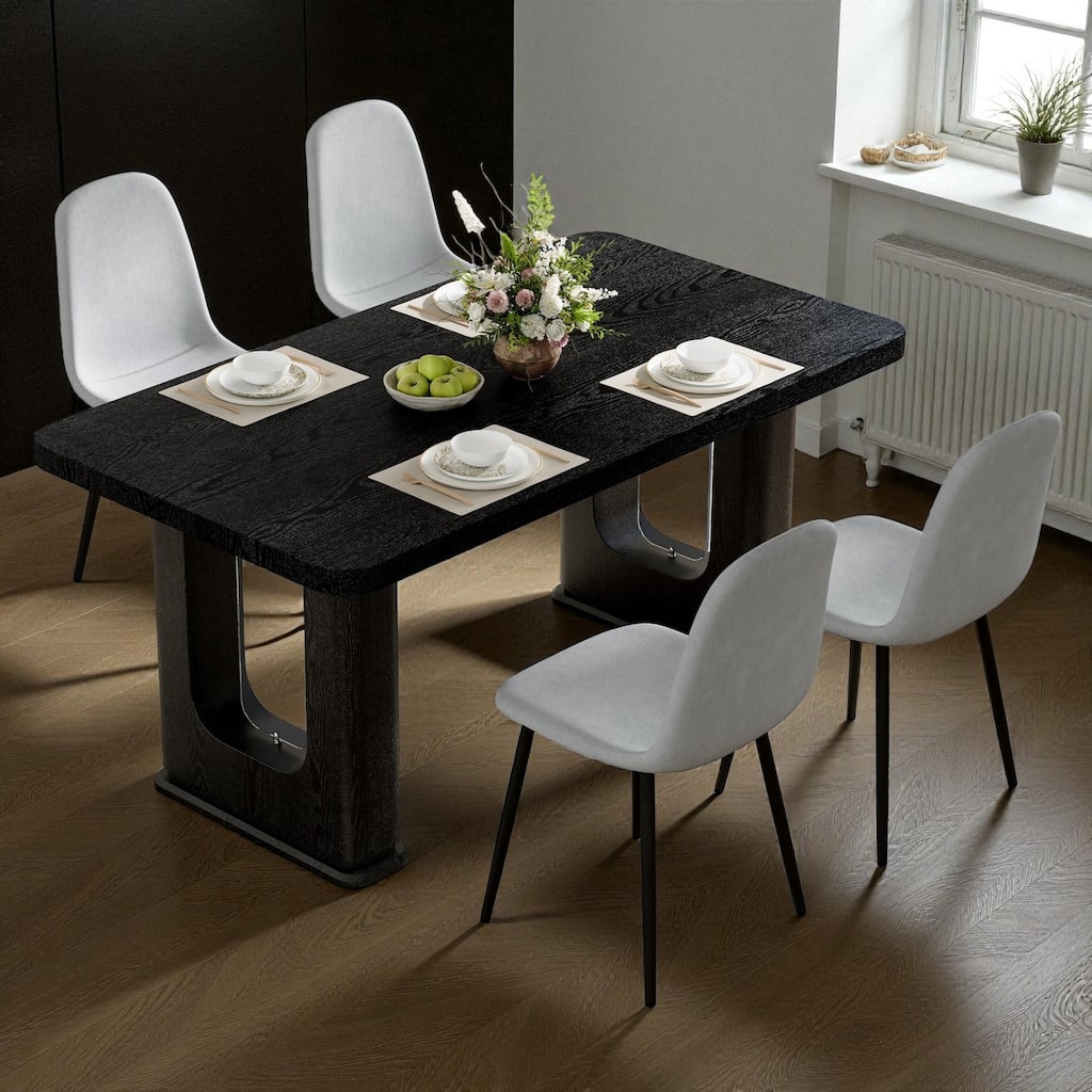5-Piece 64.5" Black Wood Dining Table Set with Glass-Inlay Legs and 4 Linen-Cotton Chairs, Modern Dining Room Furniture