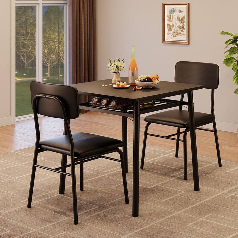 3-Piece Dining Room Set, with Storage Rack and Metal Frame - Black