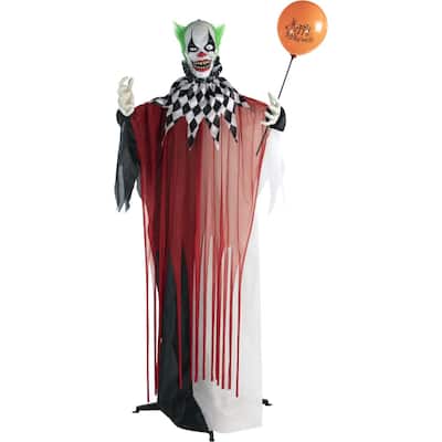 Haunted Hill Farm Life-Size Animatronic Clown, Indoor/Outdoor Halloween Decoration, Flashing Red Eyes, Poseable, Battery
