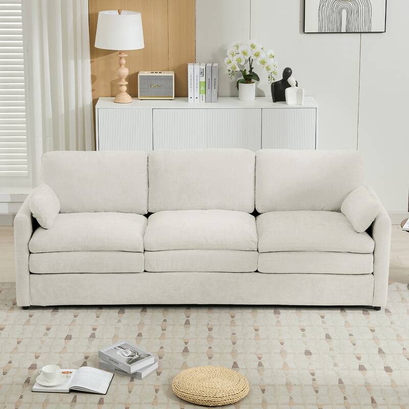 Roomfitters 89 Inch Cozy Cloud 3-Seater Sofa with Double Layered Cushions and Lumbar Pillow, Chenille - Beige