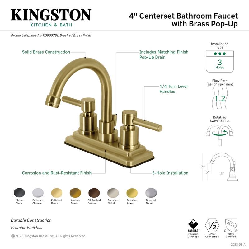 Kingston Brass Concord Two-Handle 3-Hole Deck Mount 4" Centerset Bathroom Faucet with Brass Pop-Up