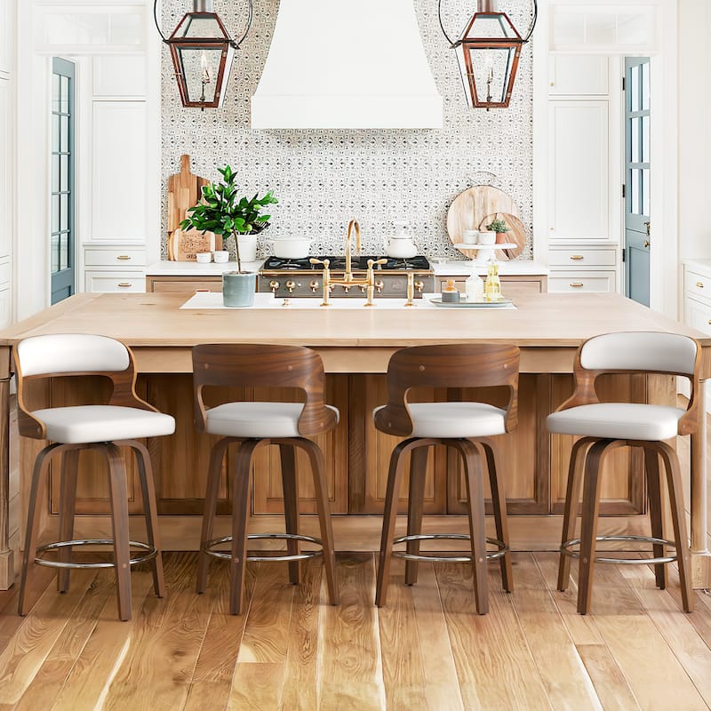 26.in Modern Set of 4 Leather Bar Stool Swivel Upholstered Hollow Back Counter Height Barstool with Wood Frame - White