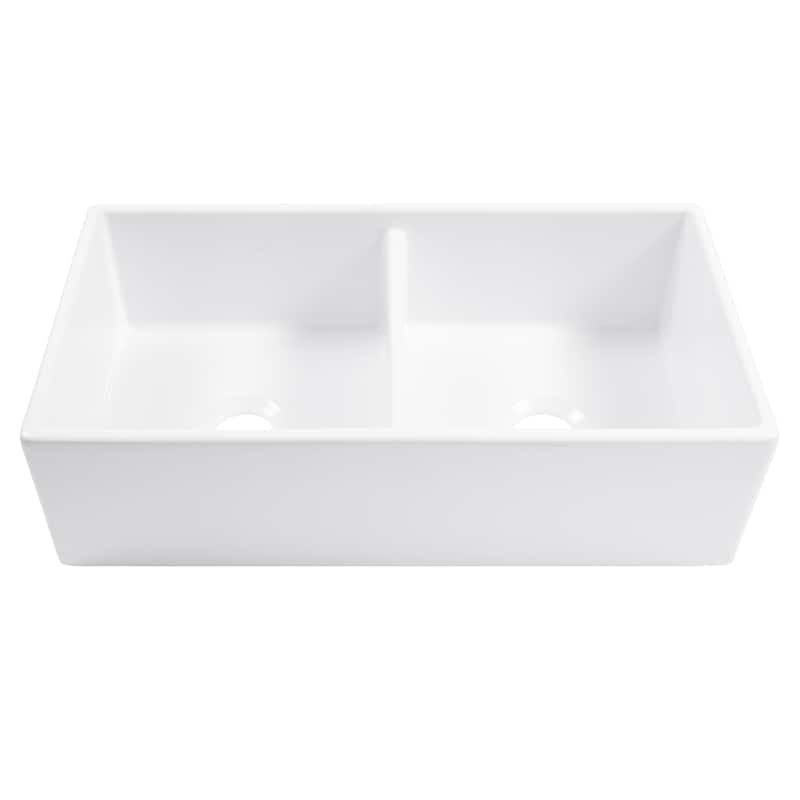 Austen Crisp White Fireclay 36" Double Bowl Farmhouse Apron Front Undermount Kitchen Sink and Drains