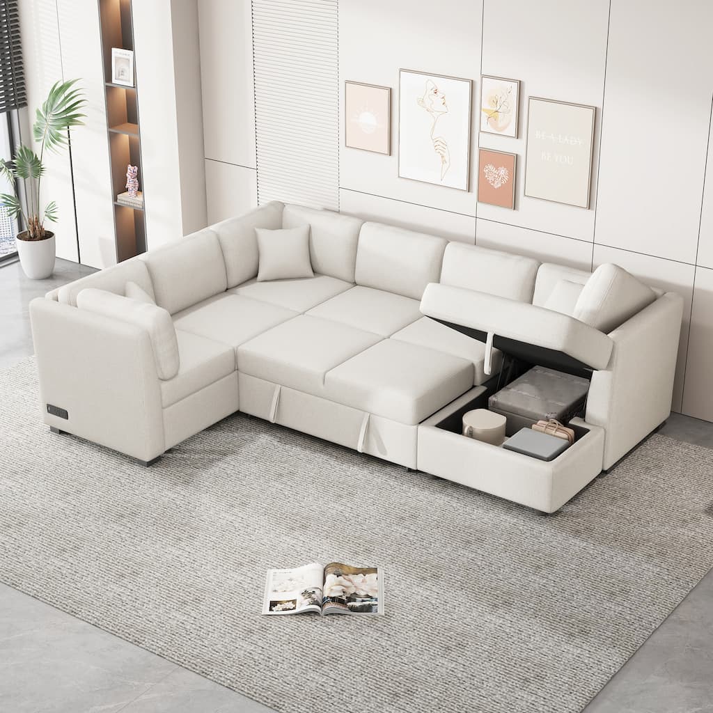 108.6" U-shaped Sofa Bed with USB, Power, Storage, Beige Chenille