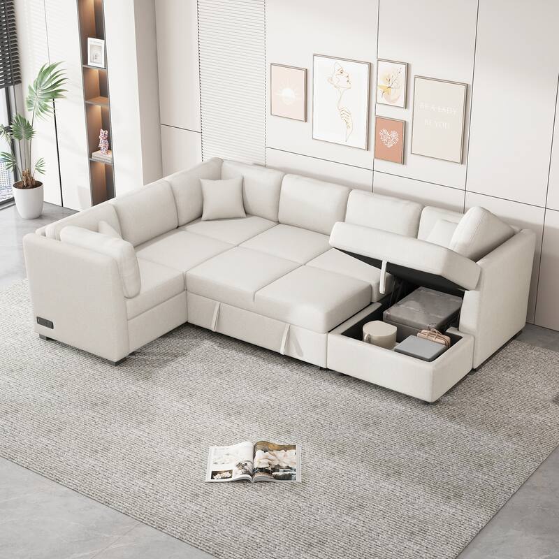 Living Room Chenille U-shaped Sectional Sofa, Pull out Sofa Bed with 2 USB Ports, 3 Back Pillows and Storage Chaise - Beige