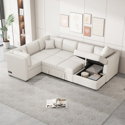 Living Room Chenille U-shaped Sectional Sofa, Pull out Sofa Bed with 2 USB Ports, 3 Back Pillows and Storage Chaise